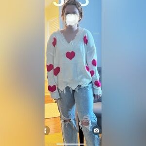 Alter’d State Pink Heart V Neck Sweater